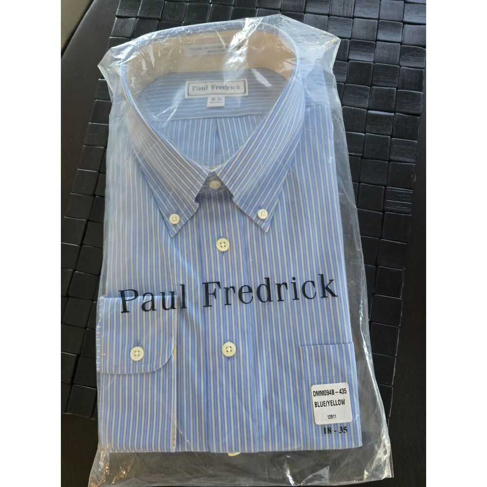 Paul Fredrick Dress Shirt 18 35 Blue Yellow Stripe Button Down Non Iron Cotton